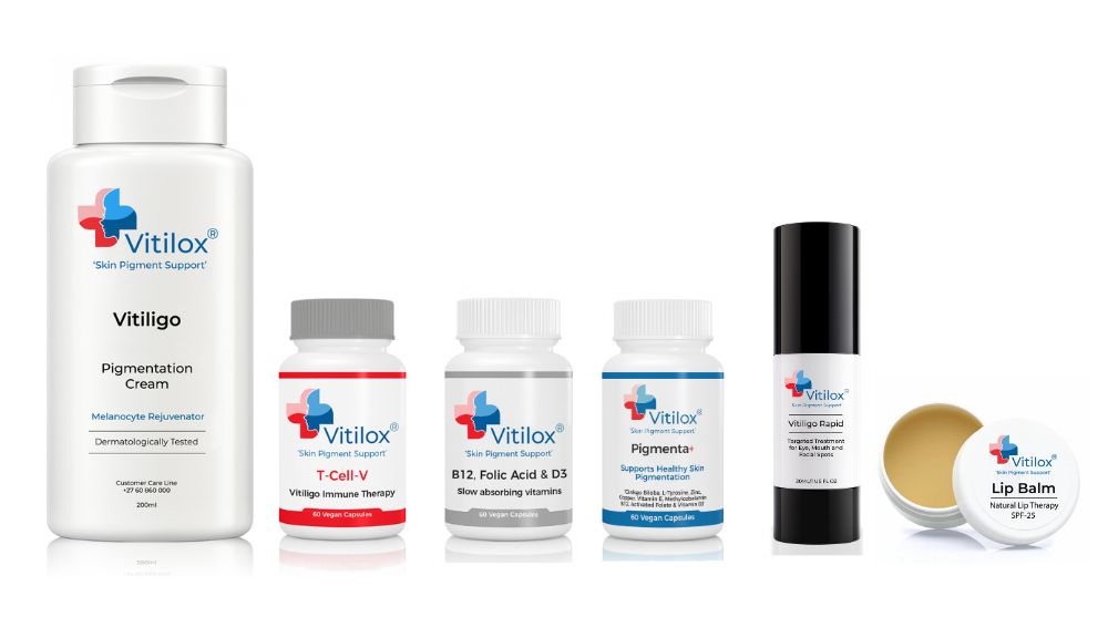 Full Vitilox vitiligo treatment product range for skin pigmentation support