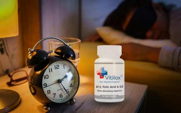Alarm clock and Vitilox vitamins on a bedside table — vitiligo and sleep connection.